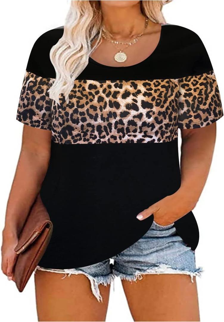 CARCOS Plus Size Tops for Women Short Sleeve Summer Pullover Color Block Crewneck/V Neck Tee Tunic Loose Fit Tshirts XXL
