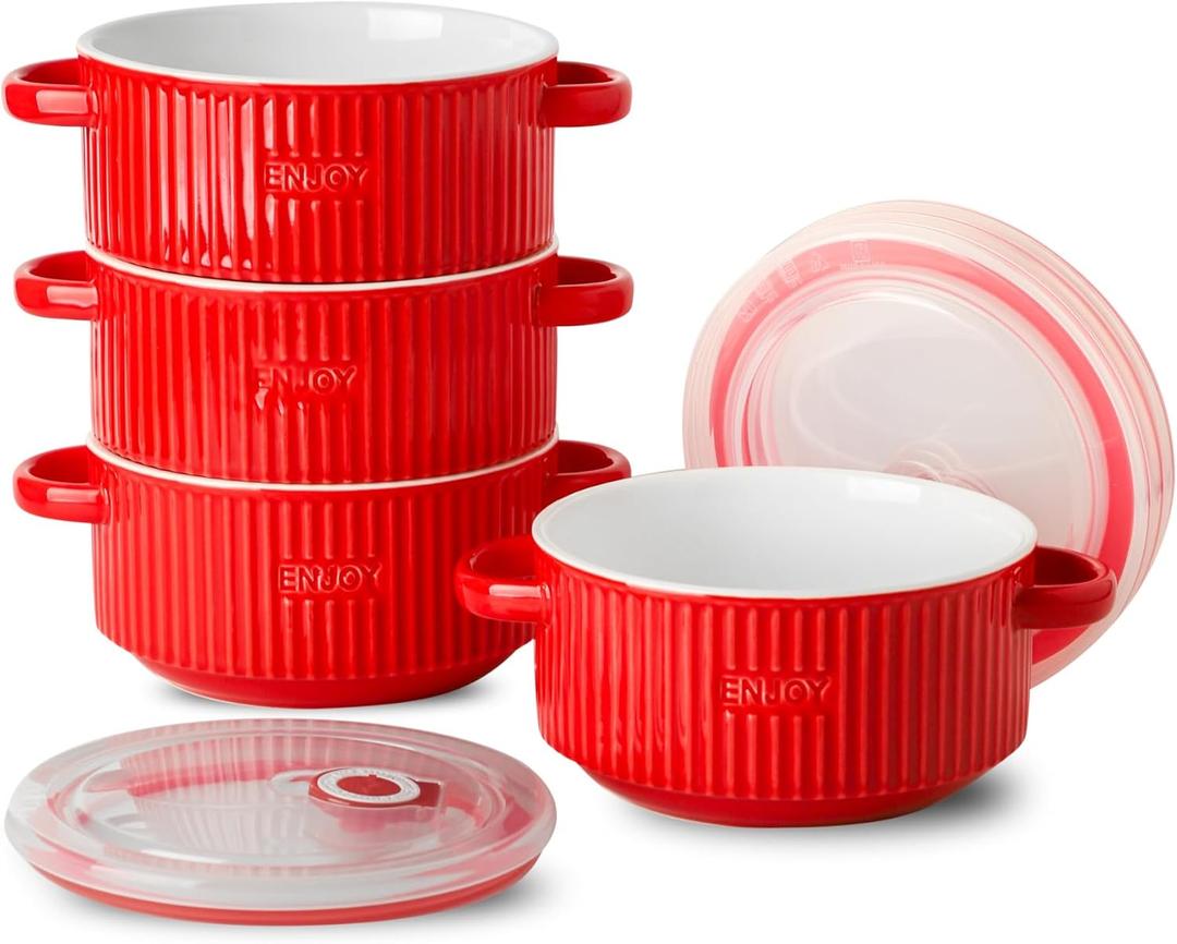 Soup Bowl with Handle, Ceramic French Onion Soup Bowl with Lid, Microwavable Bowls with Lid Set of 4 for Soup, Cereal, Oatmeal, Red