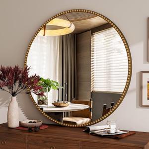 Vintage Round Mirror, 24 Inch Circle Wall Mounted Mirror with Baroque Beaded Frame, Home Decor for Entryway, Bathroom, Vanity, Living Room, Gold