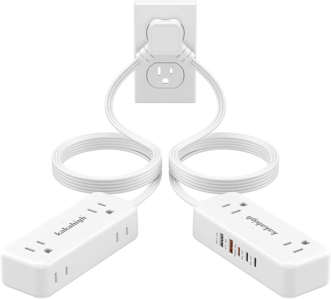 PD30W Split Extension Cord 10FT (5FT on Each Side), Single Flat Plug Twin Extension Cord with 4 AC Outlets, 2 USB-A & 3 USB-C, Nightstand Charging Station for Bedroom, His and Hers