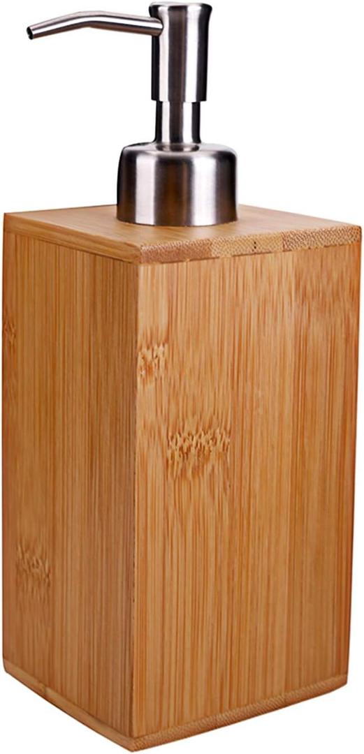 Natural Bamboo Soap and Lotion Pump Dispenser with Stainless Steel Pump, Wooden Bathroom Accessory for Home/Kitchen/Hotel 8 oz, Rectangle