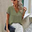 PRETTYGARDEN Short Sleeve Tops for Women 2026 Summer V Neck Western Chiffon Button Down Shirts Dressy Casual Work Blouses, Small