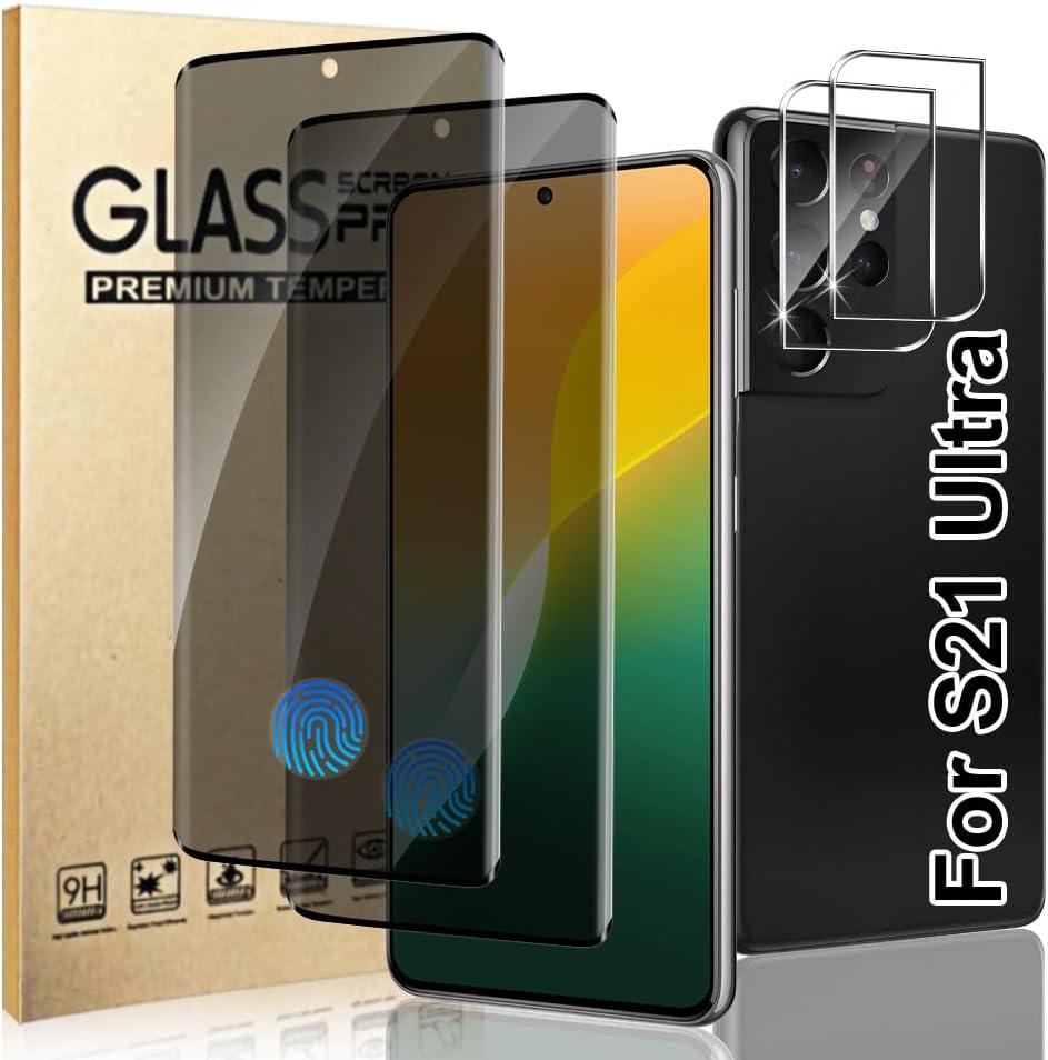 [2+2 Pack] For Galaxy S21 Ultra Privacy Screen Protector With Camera Lens Protector, Anti Spy Anti-Scratch,9h Tempered Glass, Compatible Fingerprint, High Responsive, For Galaxy S21 Ultra 6.8 Inch