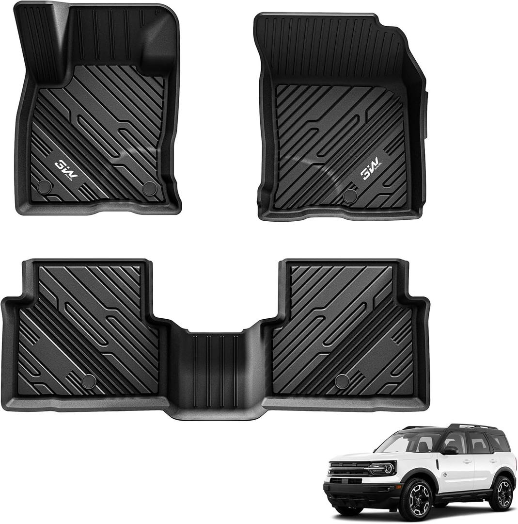 3W Floor Mats Fit for Ford Bronco Sport 2021 2022 2023 2024 2025 All Weather TPE Car Accessories Custom Fit Full Set Ford Bronco Sport Car Mats (Rubberized Floor & Outer Banks)