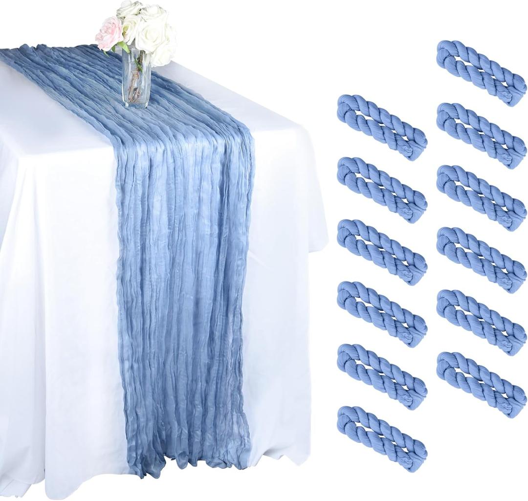 MIAHART 12 Pack Dusty Blue Table Runner Cheesecloth Table Runner 35x120 Inch 10Ft Gauze Cheesecloth Table Runners for Wedding Party Bridal Baby Shower Table Decorations (Dusty Blue)