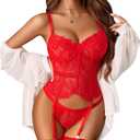 Avidlove Lingerie for Women Lace Corset and Panty Outfits Garter Lingerie Sets S-XXL (Medium, Red)