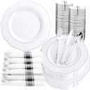Liacere 350PCS Silver Plastic Plates-Disposable White and Silver Plates 50guest Baroque Plastic Dinnerware Set include 100Plates, 50Pack Pre Rolled Napkins with Silverware 50Cups Perfect for Wedding