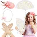 2 x Sintege 4 Pcs Girls Tea Party Set Girls Tea Party Accessories Gloves Hats Necklace Fans for Toddler (Pink)