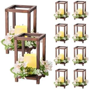 VEVOR 10 Set/30 Pcs Wooden Wedding Lantern Centerpiece, Includes 10 Wooden Lantern Candle Holder 10 Flameless LED Candle 10 Champagne Flower Wreath for Wedding Table Party Farmhouse Decor, Brown