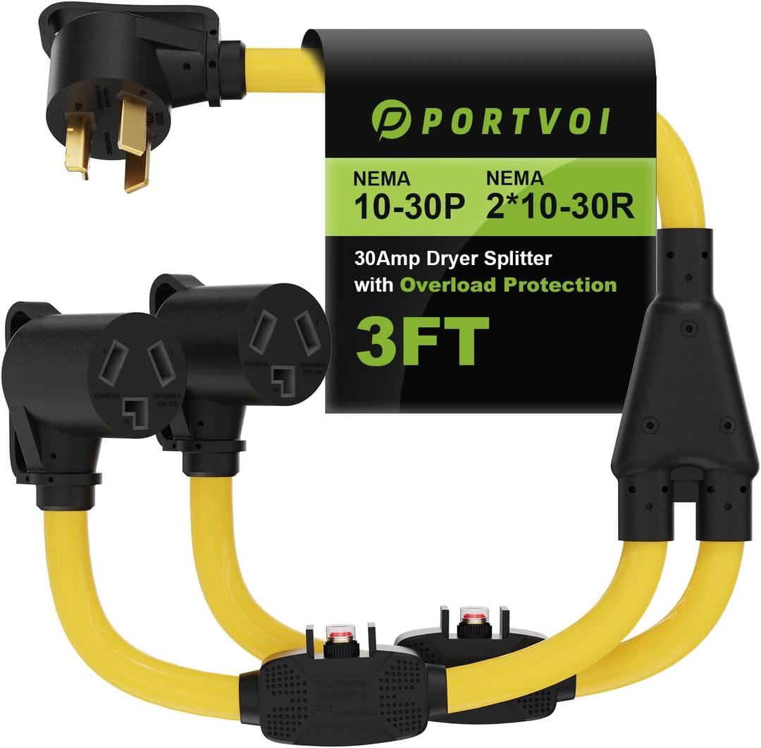 30 Amp Dryer Y Splitter For EV with Overload Protection Circuit Breaker, NEMA 10-30P Male to 2X 10-30R Female, Heavy Duty 240V 3-Prong Dryer Outlet Adapter for EV Charger, 10 AWG STW Cable, ETL Listed