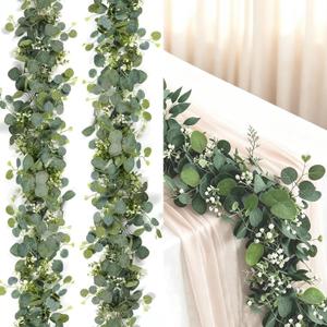 Delphinus 2 Pack Artificial Eucalyptus Garland | Fake Eucalyptus Leaves Vines, For Table Wedding Party, Indoor Outdoor Use, Arch Wall Mantle Room Decoration