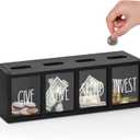 Wooden Give Save Spend Invest Money Saving Box for Kids, Countertop Kid Piggy Bank for Daily Cash, Wall-Mount Kids Banks for Bills and Coins, Visualized Piggy Bank for Living Room, Laundry Room (Black-large)