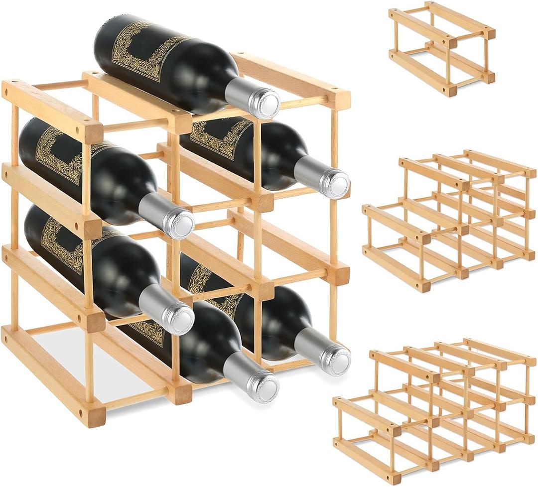 Wooden Wine Rack, Stackable Wooden Wine Rack, 12-Bottle Stackable Wine Storage Racks, DIY Assembly Modular Wine Bottle Holder for Inside Cabinet/Countertop/Kitchen/Bar/Pantry/Wine Cellar/Basement
