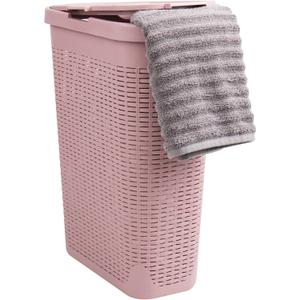 Mind Reader Slim Laundry Hamper with Lid, 40L Clothes Basket, Narrow Tapered Design with Ventilated Cutout Pattern, Plastic, Pink