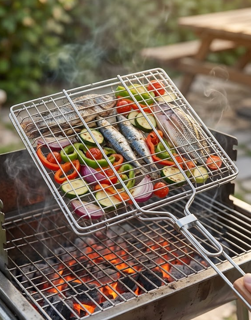 1 Pc Grilling Basket Stainless with 21" Long Heat-resistant Steel Grill Basket Wooden Handles for Outdoor Wood Stove Flip Grills Cooking Portable Camping Rack for Meat Gifts for Men Dad 