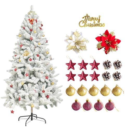 JMFFL 6ft White Artificial Christmas Tree, Christmas Pine Tree for Home Party Christmas Decorations with 600 Branches and Two-Color Decorative Flowers Decorative Balls