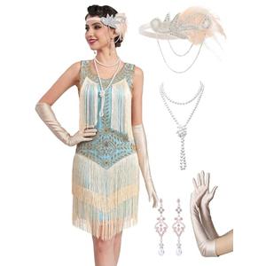 RRYIO 1920s Flapper Dresses for Women,Lace V Neck Great Gatsby Dresses Fringed Roaring 20s (Light Blue, XL)