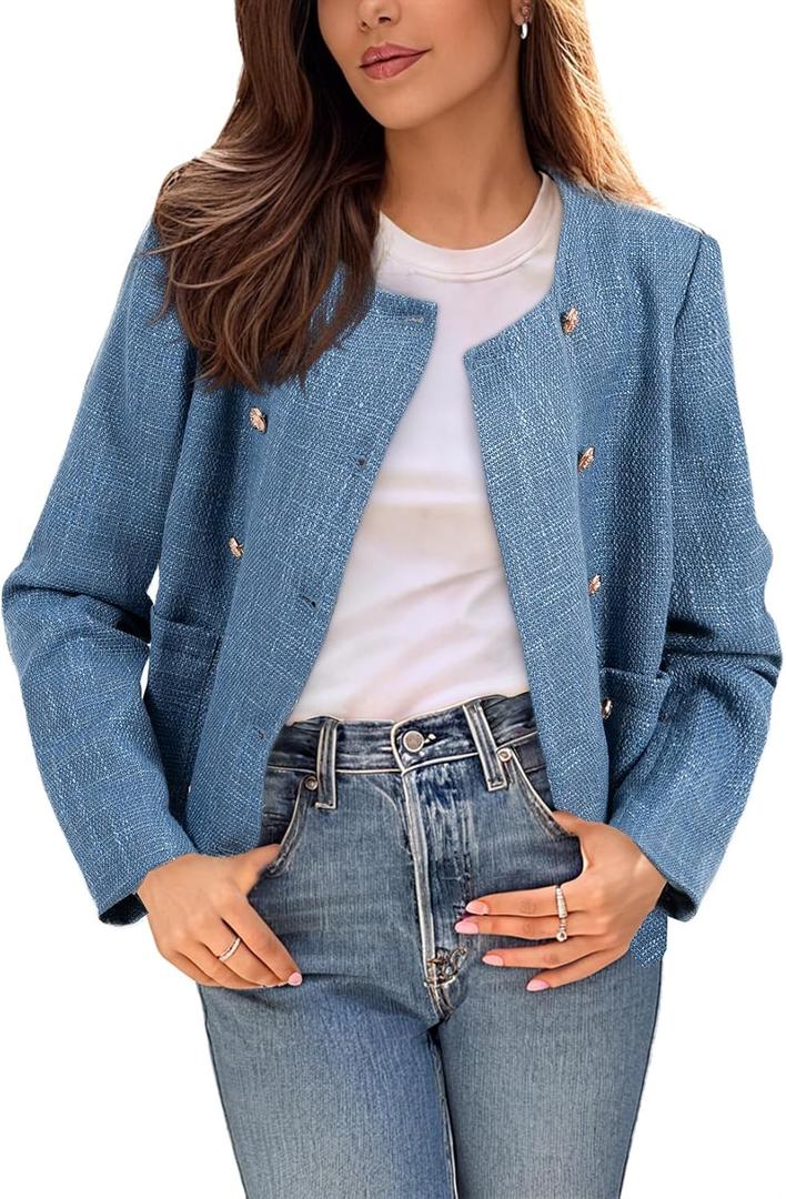 Happy Sailed Womens Cropped Tweed Blazers Casual Long Sleeve Double Breasted Open Front Blazer Jackets Work Suits (Medium, Dark Blue)