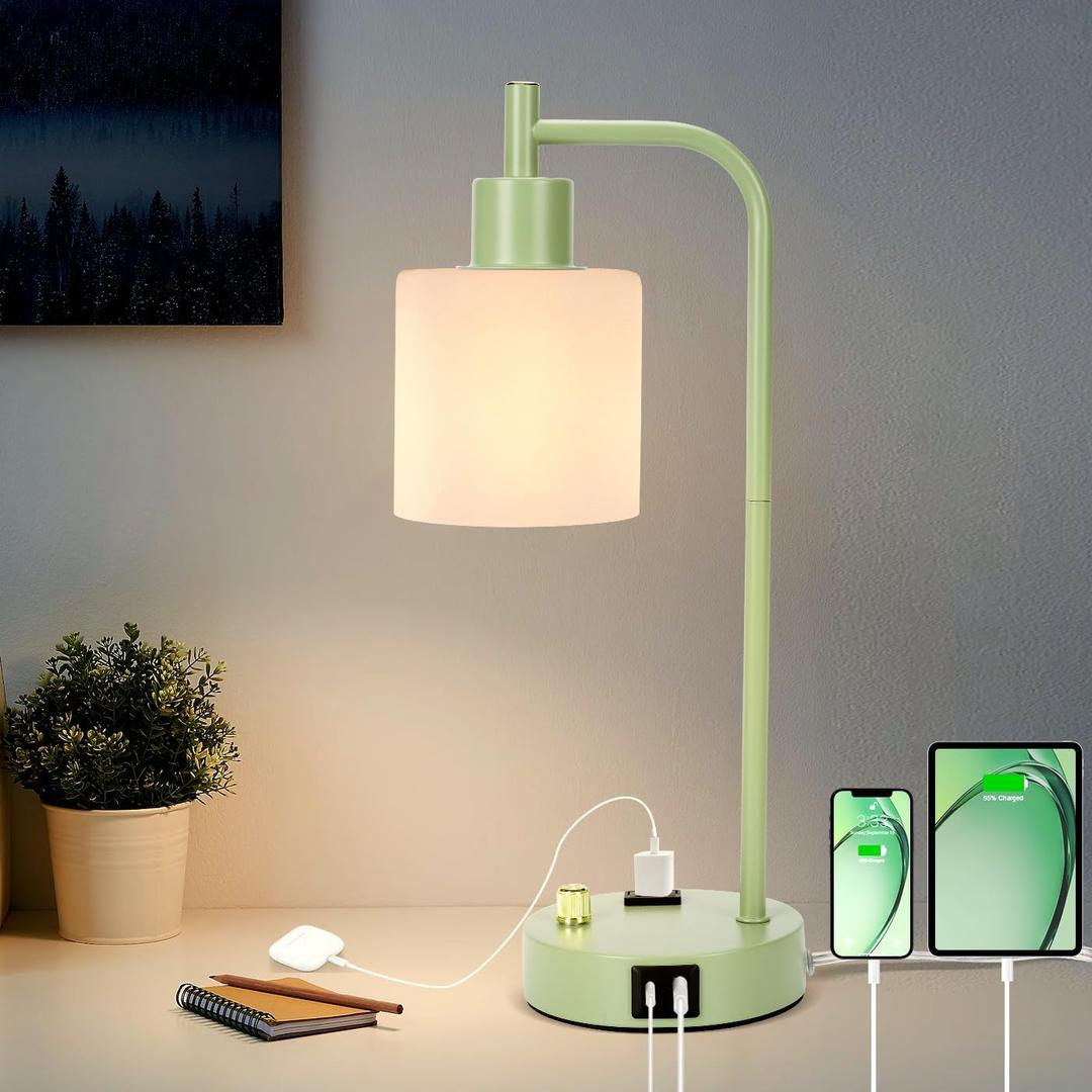 GLITI Industrial Table Lamp, Stepless Dimmable Gold Desk Lamp with 2 USB Ports and AC Power Outlet, Frosted GlassShade, Eye-Caring Bedside Nightstand Lamps for Bedroom Living Room Office Reading (LG)