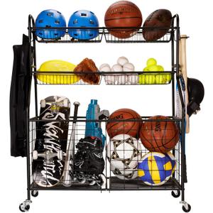 WEYMILA Sport Equipment Organizer for Garage, Steel Basketball Rack with Baseball Bat Holder and Hooks, Easy Assembly Storage for Balls, Kids' Toys, and Workout Gear in Basement, Home Gym, Outdoor