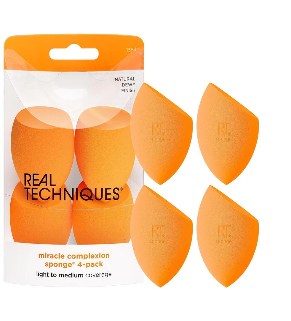 Real Techniques Miracle Complexion Beauty Sponge Makeup Blender, Set of 4 (4 Count (Pack of 1), Orange)