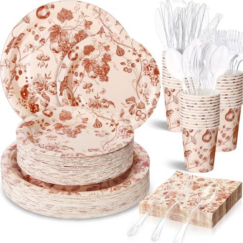 Sliner 350 Pcs Thanksgiving Oval Paper Plates and Napkins Sets Disposable Tableware Set 100 Paper Plate 50 Cup Napkin Knives Fork Spoon Thanksgiving Party Supplies Dinnerware Harvest Table Decorations