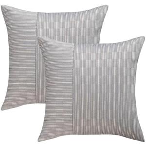 Kevin Textile Grey and Beige Farmhouse Striped Patchwork Linen Decorative Throw Pillows Covers 20x20, Set of 2, Modern Accent Square Cushion Covers for Couch Chair Bedroom Fall Decorations