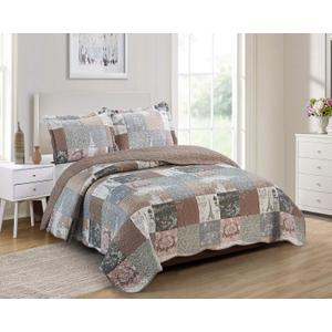 Brilliant Sunshine Paris and Toile Floral Quilt Set, 3-Piece Bedding Sets with 2 Shams, Patchwork Design, Reversible Bedspread, Soft Lightweight Coverlet, All-Season, Full/Queen, Latte Grey