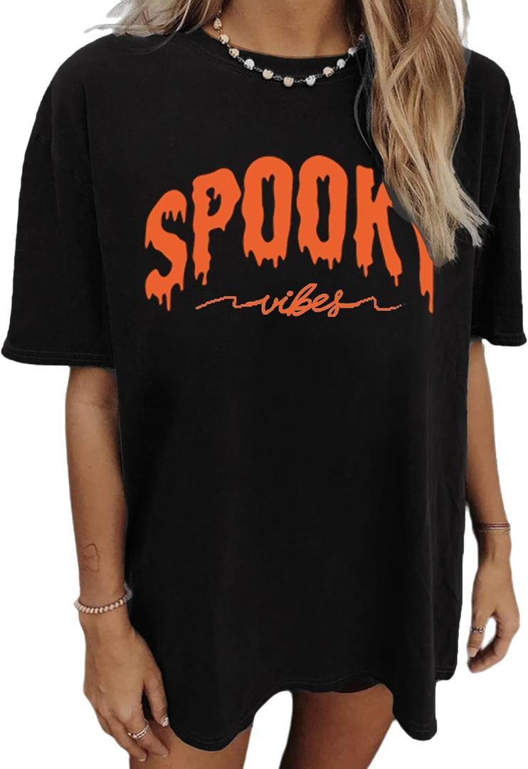 Halloween Shirts for Women Spooky Season Shirt Graphic Letter Print Oversized T Shirt Vintage Short Sleeve Tees Tops (XX-Large, Black)
