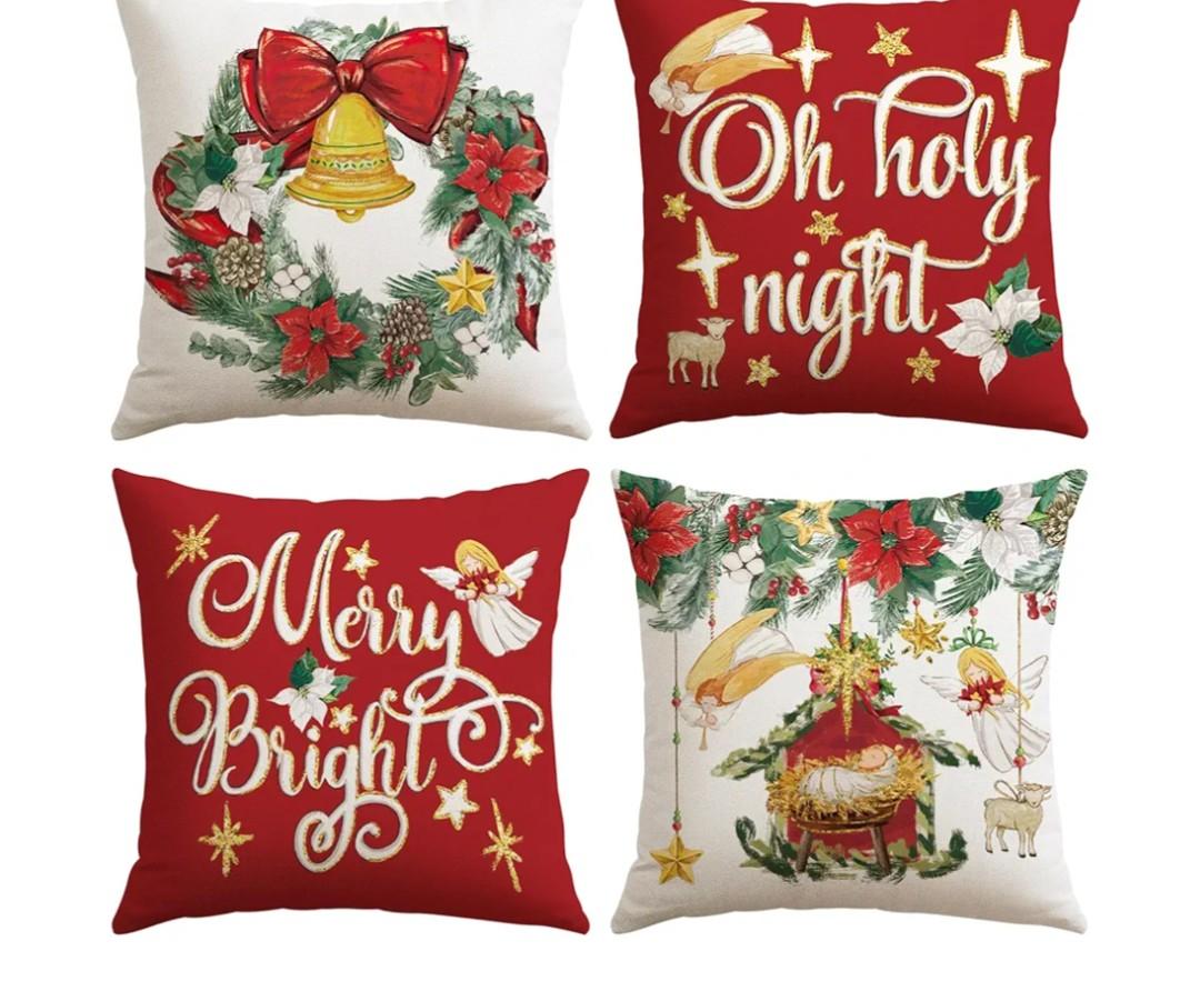 Artscope Christmas Oh Holy Night Merry Bright Jesus Wreath Throw Pillow Covers 18x18 Inch Set of 4, Winter Hoilday Christmas Decoration Pillow Cases for Home Sofa Couch Decor-Red