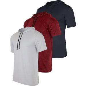 3 Pack Men's Dry Fit Short Sleeve Hoodies Shirts Athletic Workout Gym | Available In Big & Tall, Moisture Wicking, Pullover, Drawstring, Running, Fishing, Hiking, Soccer, Training, Summer, Stretch (M)