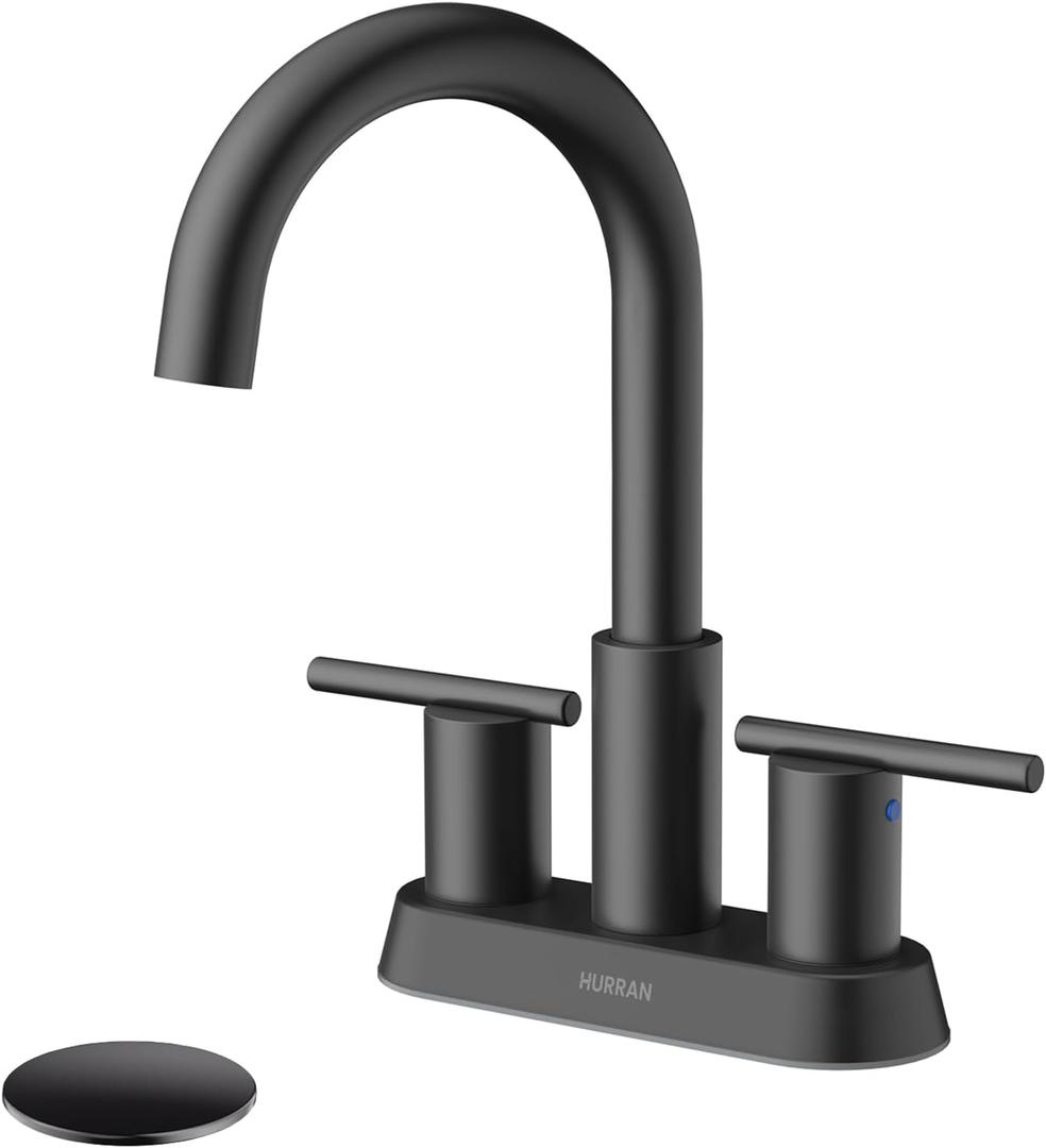 Hurran 4 Inch Bathroom Faucet for Sink 3 Hole, Matte Black Bathroom Faucet with Pop-up Drain and 2 Supply Hoses,Stainless Steel Lead-Free 2-Handle Centerset Faucet for Sink Vanity RV