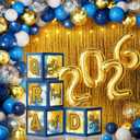 2026 Graduation Decorations - 86 PCS Graduation Party Decor Supplies Set Includes LED Light Strings Balloon Block Boxes with Letters Foil Curtains Backdrop 2026 Balloon Garland Kit - Blue Gold