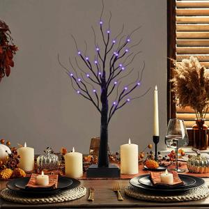 2.2 FT/26.7'' Halloween Spooky Tree, Black Spooky Tree with 24 LED Purple & Orange Lights Black Birch Tree for Indoor Halloween Home Fireplace Table Holiday Decor
