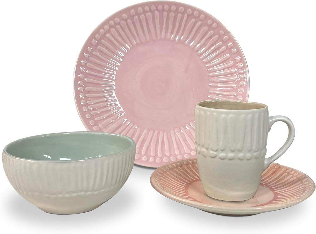 Artesa Color Full Mix Match 4 Dinnerware Set -4 Piece Handmade Ecuadorian Ceramic, Pink & Mint with Embossed Pattern, Plates, Bowls & Cups, Lead-Free, Microwave Safe, 11.4-Inch Plates