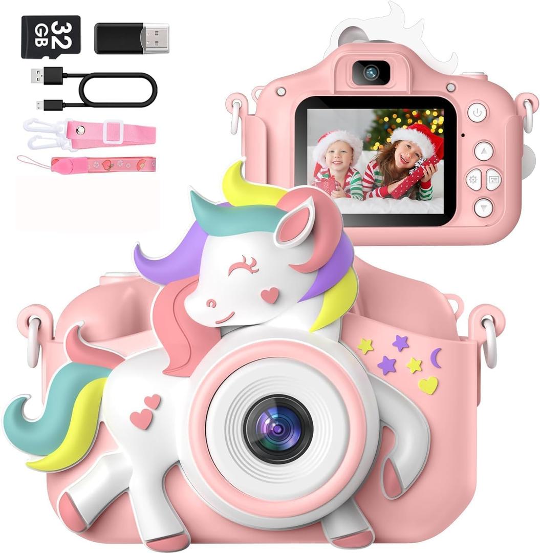Kids Camera for 3-8 Years Old Toddlers Childrens Boys Girls Selfie Camera 20 MP HD 1080P IPS Screen Dual Digital Toy Camera for Kids Christmas Birthday Gifts with 32Gb Card, Pink