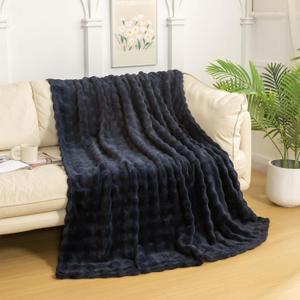 YUSOKI Faux Fur Throw Blanket with 3D Bubbles Super Soft Fuzzy Cozy Thick Blanket for Couch Chair Sofa Gift Home Dcor(Navy,50 * 60inches) (Throw(50" x60"), Navy Blue)
