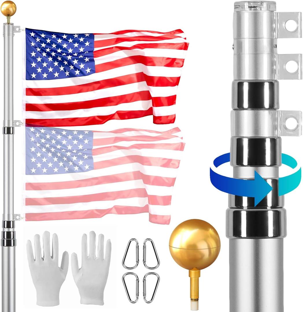 VEVOR 25FT Telescoping Flag Pole Kit, Heavy Duty Aluminum Alloy in Ground Flag Poles for Outside, 3 Display Modes Flagpole with 3x5 American Flag, Professional Accessories, Silver