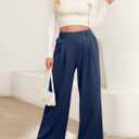 EVALESS Women's Wide Leg Pants Elastic High Waisted Waffle Knit Work Palazzo Pants Business Casual Trousers with Pockets (Blue, S)