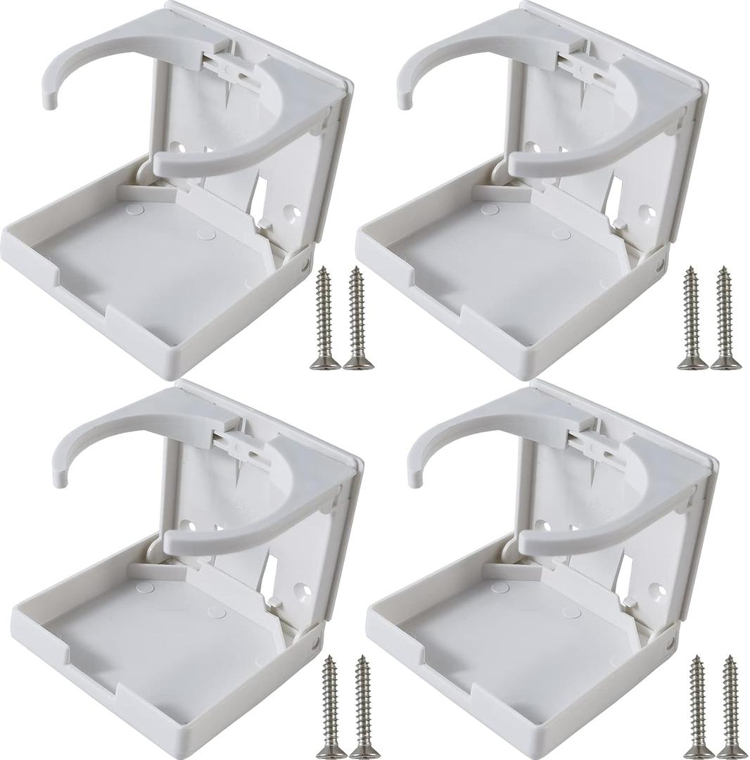 ROYHOO 4PCS Adjustable Folding Drink Holder Universal Car Cup Bottle Holder for Marine Boat Caravan Car Trucks RVs Vans with Wall Mounted Screws (White)