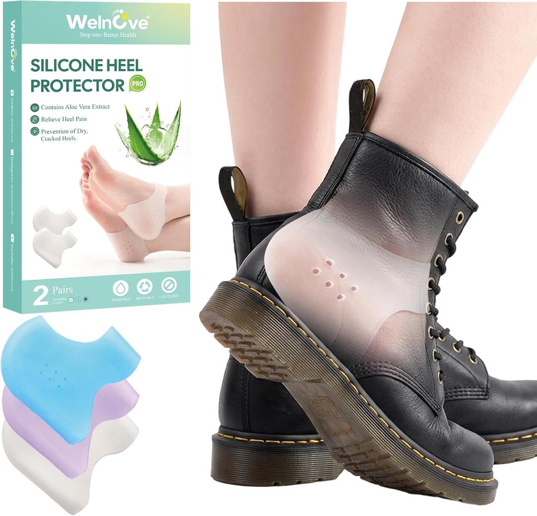 Welnove Silicone Heel Protectors for Shoes - 4 Pcs Gel Heel Cups with Aloe Vera Extract for Women Men - Shoe Cushion Inserts Pads for Plantar Fasciitis, Spur, Dry Cracked Heels,Blister, Size L