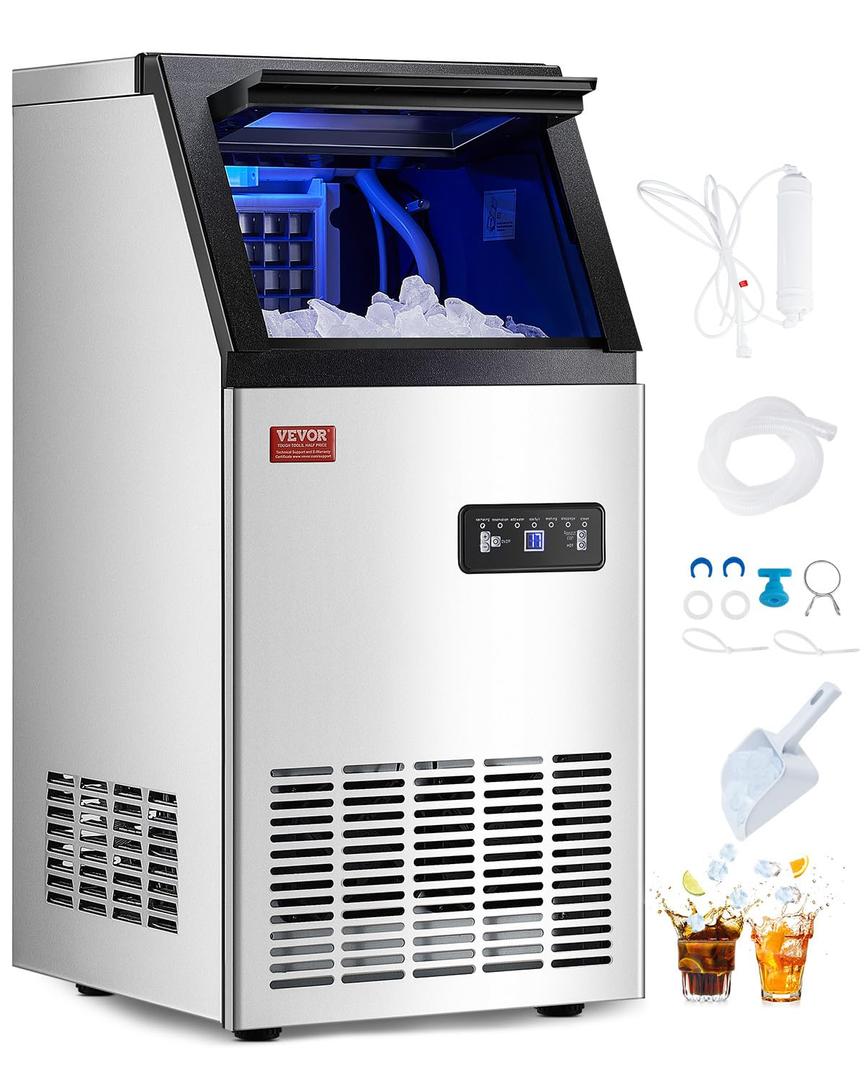 VEVOR Commercial Ice Maker Machine, 80lbs/24H Ice Maker Machine with 28lbs Storage Capacity, 40 Ice Cubes in 15 Minutes, LED Digital Display Freestanding Self-Cleaning for Bar Office Restaurant