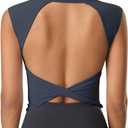 ABOCIW Women Twist Back Workout Top with Built in Bra Cap Sleeve Pilates Yoga Crop Top Athletic Gym Shirt (Small, Navy)