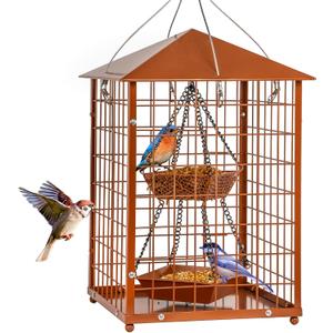 Mealworms Bird Feeders for Bluebirds - Metal - Huge Caged Squirrel-Proof Bird Feeders with 2 Cups, DIY Wild Bird Feeders Outdoor Hanging (Brown), Attract Wild Birds, 2lbs Seed Capacity+1 Mealworms Cup