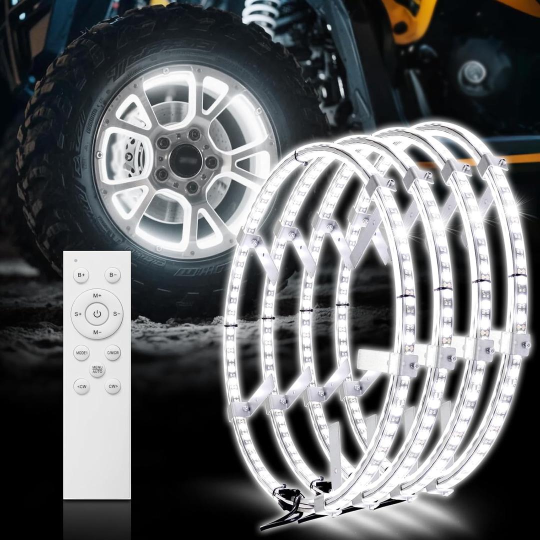 17inch Double Row 3000K-6500K Pure White Wheel Ring Lights,Wheel Lights for Truck with Remote Control and Flash Mode,Turn & Braking Signal Compatible with Trucks SUV Pickup Car
