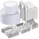 Bestluck 700PCS Silver Plastic Dinnerware Set for 100 Guests, Disposable Plates for Party, Include 100 Dinner Plates, 100 Dessert Plates, 100 Set Silver Silverware, 100 Cups, 100 Napkins