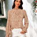 Women's Frill Mock Neck Boho Floral Tops Elegant Puff Long Sleeve Shirts 2025 Casual Vacation Outfits Work Blouse (S)