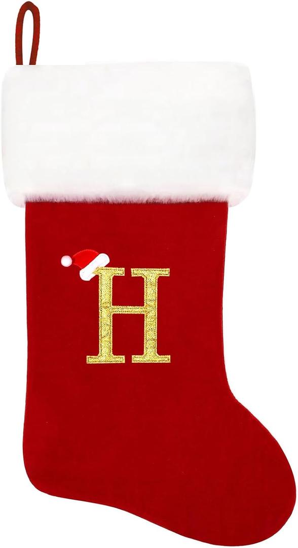 20 Inches Monogram Christmas Stockings Red Velvet with White Super Soft Plush Cuff Embroidered Xmas Stockings Classic Personalized Stocking Decorations for Family Holiday Season Decor(Letter H)