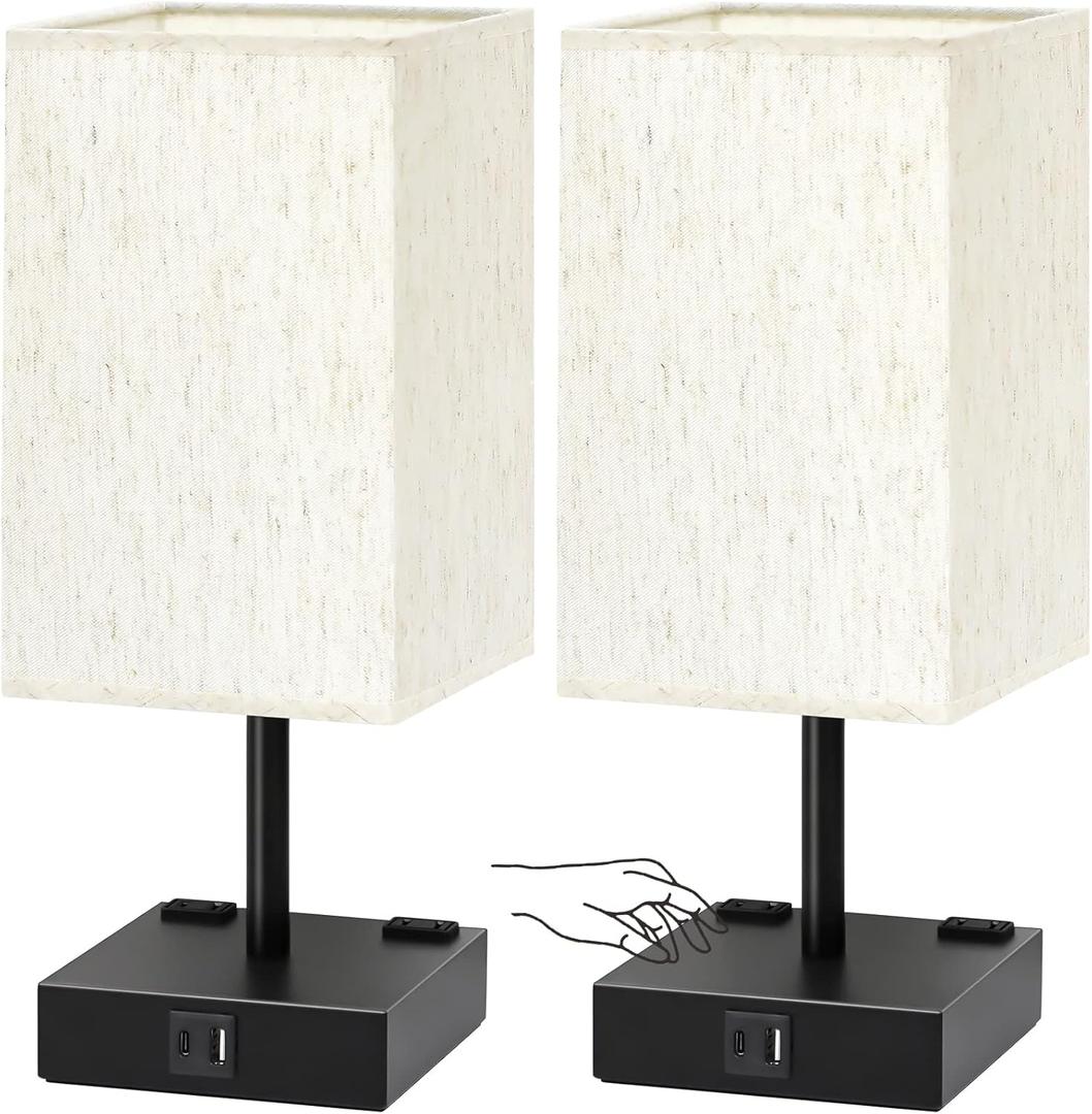 Bedside Table Lamps Set of 2 - Touch Nightstand Lamp for Bedroom with USB C+A Charging Ports & AC Outlets, 3-Way Dimmable Desk Lamp Flaxen Fabric Shade for Living Room Office(Bulb Included)