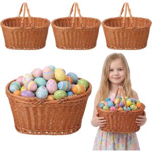 4 Pcs Extra Large 12'' Easter Basket Essentials with Handle Natural Wicker Woven Big Easter Baskets Bulk for Egg Hunt Party Favors Spring Picnic Rattan Candy Gifts Storage Home Garden Decor